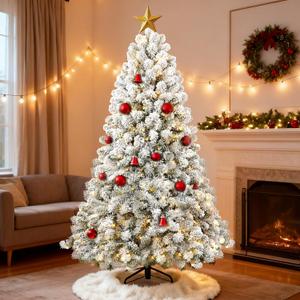5ft Per-Lit Snow Flocked Christmas Tree, Artificial Christmas Tree with 200 Warm White Lights, 551 Branch Tips, Premium Green Full Xmas Tree for Easy Holiday Setup, Foldable Metal Base
