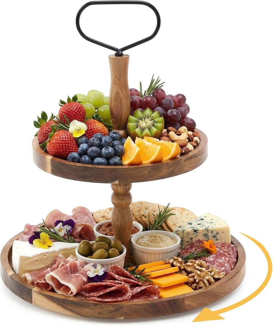 LemonRoad 2 Tiered 360° Rotatable Acacia Charcuterie Boards gift Large Wood Serving Tray Charcuterie cake stand, Perfect for christmas Gatherings, Housewarming party, Celebrations, and Daily Usage