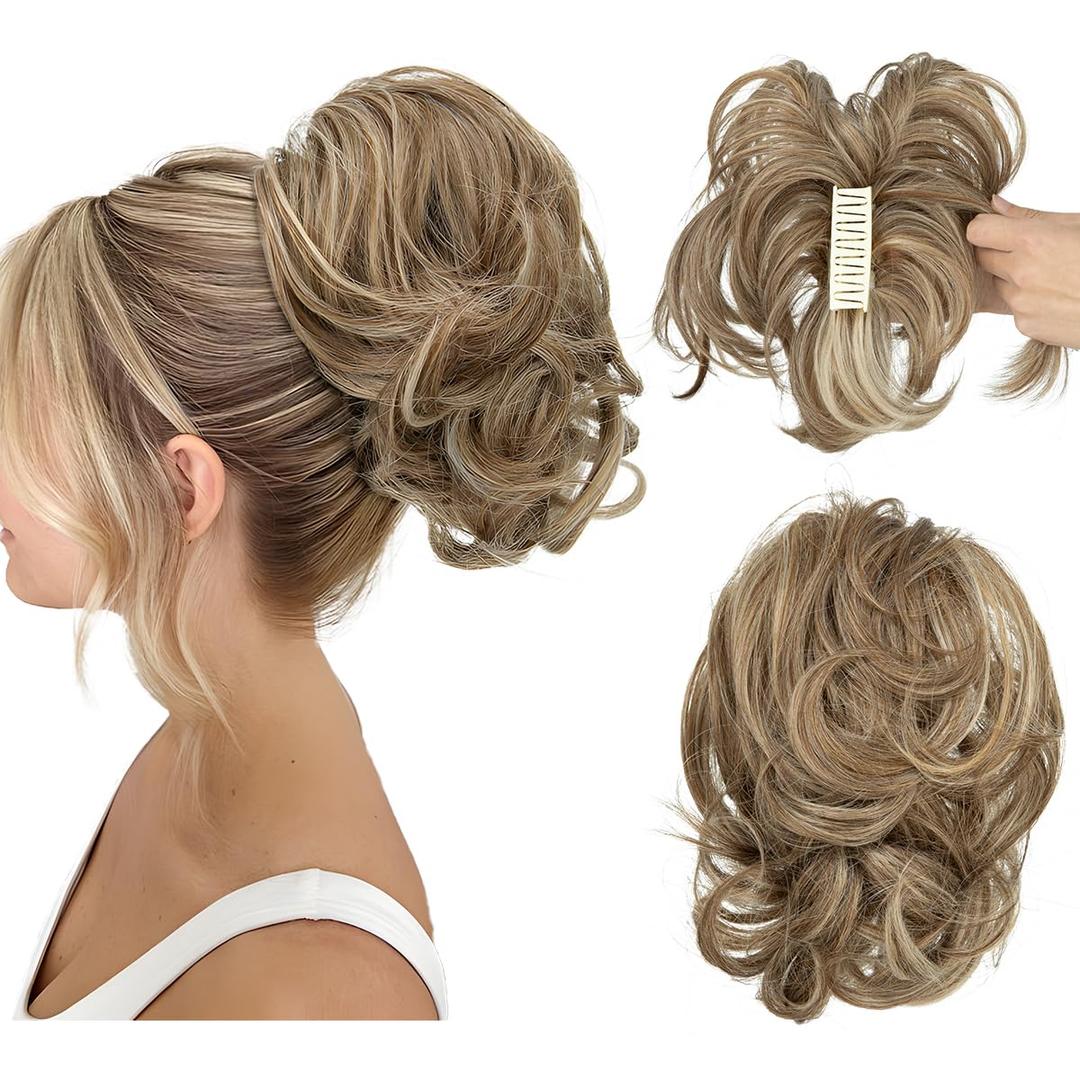 CJL HAIR Claw Clip Short Ponytail Hair Extensions DIY Bendable Metals Messy Bun Hair Piece for Wonen Wavy Curly Synthetic Fake Hairpieces Beige Multi