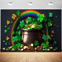 10x8ft St Patricks Day Backdrop Pot of Gold Coins Green Lucky Irish Shamrock Rainbow Photography Background Spring Holiday Party Banner Decoration Supplies Photo Booth Props