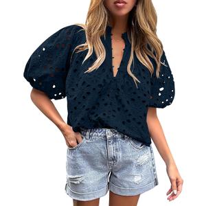 BETTE BOUTIK Women's Long Short Sleeve Tops 2025 Dressy Casual Button Hollow Out Lace Embroidered Blouses Shirts (Blue, S)
