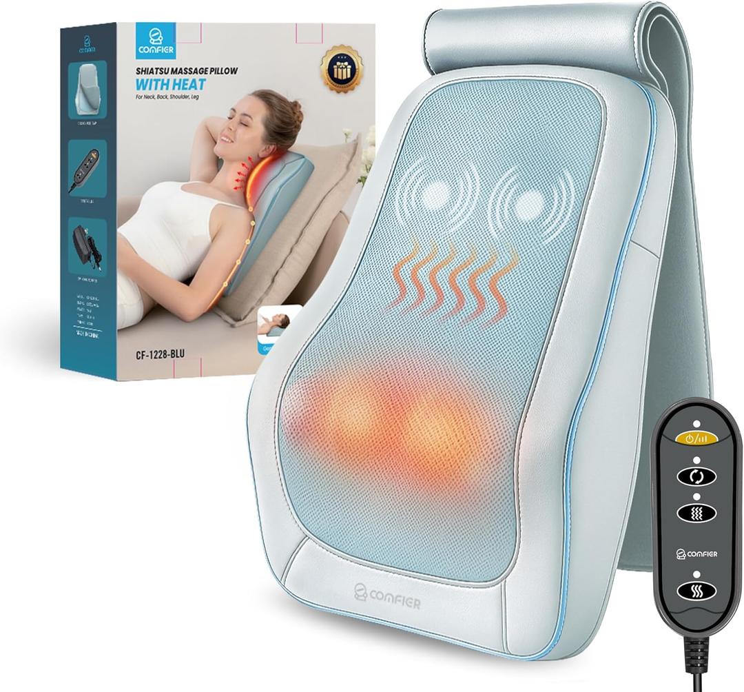 COMFIER Shiatsu Back Massager with Heat & Vibration, 3D Deep Kneading Back Massage for Pain Relief, Home Office Use,Blue