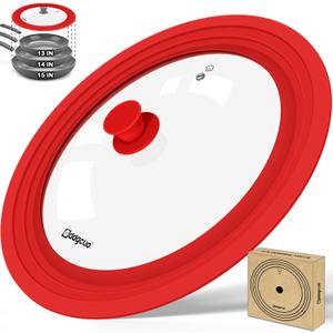 13-14-15 in Universal Pan Lid, Extra Large Silicone Pot Lid for Pots, Pans & Skillets, Replacement Frying Pan Lid with Heat Resistant Silicone Knob, Dishwasher Safe, Red