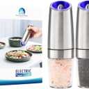 Gravity Electric Salt and Pepper Grinder Set of 2, Battery Powered Automatic Pepper Mill Grinder, One Hand Operation Adjustable Coarseness Blue LED Light (Silver)