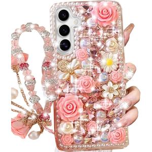 for Samsung Galaxy S25 Glitter Bling Case, Cute Luxury 3D Sparkle Crystal Rhinestones Flowers Diamond Pearl Stunning Stones with Lanyard Wrist Strap Women Girls Case for Galaxy S25 6.2", Pink