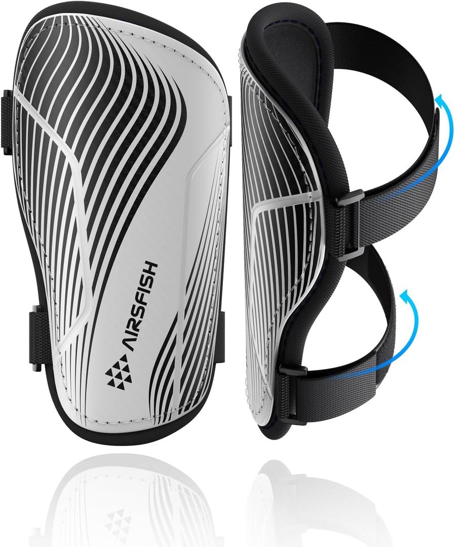 Shin Guards Soccer Kids Youth, CE Certified Airsfish Shin Guard Protection Gear for 2-18 Years Old Boys Girls Teenagers High Impact Resistant Breathable Comfortable 1 Pair 4 Sizes (XX-Small, Light Grey+Black Wave)
