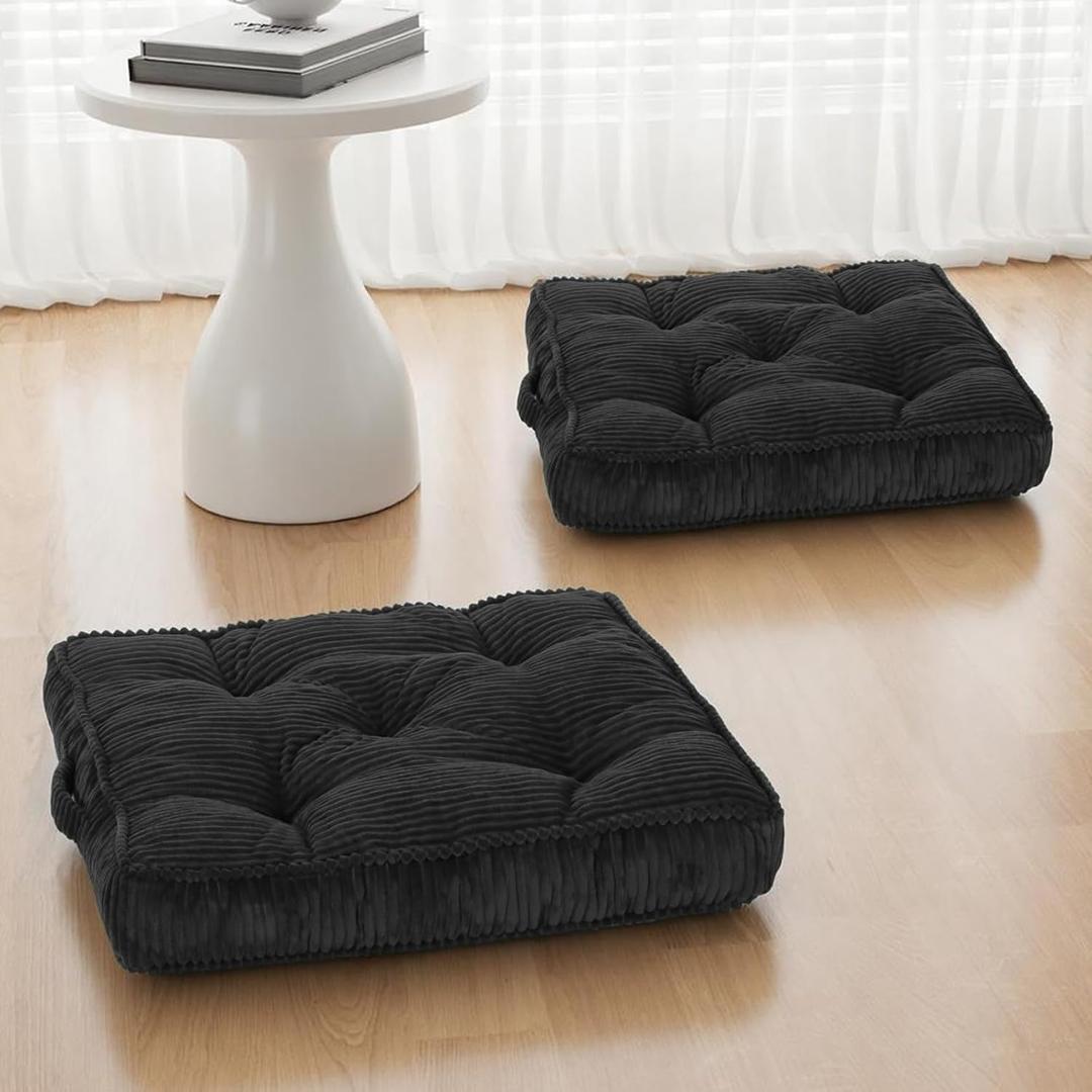 Square Floor Pillow for Adults, Tufted Floor Cushion for Sitting, Large Meditation Cushion, Thick Corduroy Seat with Handle, Tatami Seating for Yoga, 22x22 Inch Dark Grey, 2Pack