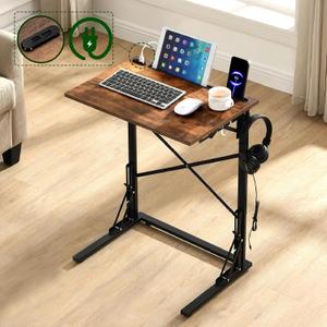 21''Wx28''H Folding TV Tray, Small C-Shaped End Table with Devices Slots and USB Charging Station, Slide Under Couch Side Table for Living Room, Bedroom, Rustic Brown