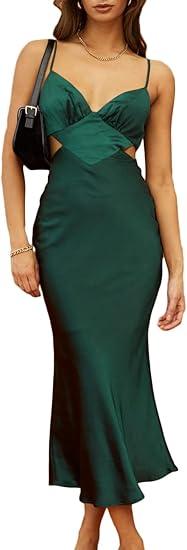 Women's Fall Satin Backless Maxi Dress Silk Cut Out V Neck Slip Tie Back Formal Cocktail Midi Dresses for Wedding Guest, Size M
