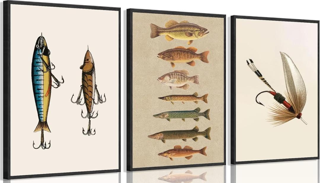 ZPJLRFC 3Pcs Vintage Fishing Canvas Wall Art Minimalism Fishing Gear Posters Artwork Fisherman Cave Painting Pictures Wall Decor for Outdoorsy Cabin Kitchen Fisherman Home Decoration 12x16in Unframed (16L"x12W")