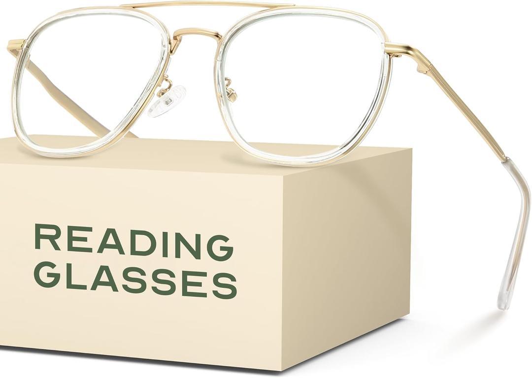 CCVOO Iconic Top Gun Aviator Reading Glasses Premium Readers in Gold UV & Blue Light Blocking Lenses, Magnification Strength: 0.75 x