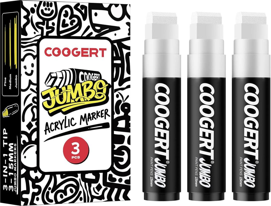 Coogert 3Pcs White Jumbo Poster Markers, 15MM Thick Permanent Acrylic Graffiti Markers, Wide Tip Paint Marker for Canvas, Posters Board, Fabric, Window, Glass, Wood, Teachers,Banner painting supplies