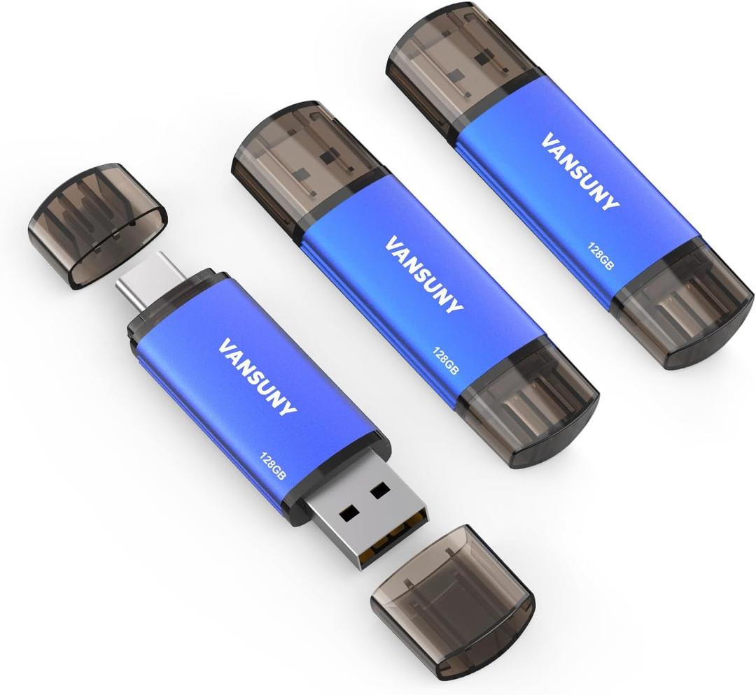 Vansuny 128GB 3 Pack USB Type-C Flash Drives 2-in-1 Dual Flash Drive USB A + Tape C OTG Flash Drive for Android Smartphone Tablet Computer Laptop (Blue)