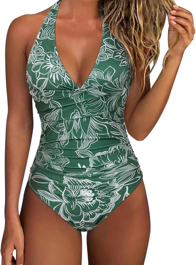 SUUKSESS Women Sexy Tummy Control One Piece Swimsuits Halter Push Up Bathing Suits (Medium, #1 Green Floral)