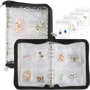 Earring Organizer Case Travel Jewelry Storage Book Clear with Small Zippered Pouch (Black, With 80 Pcs small Jewelry Pouches)