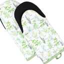 Sage+Stitch Heat Resistant Designer Kitchen Oven Mitts with Neoprene Non-Slip Grips and Hanging Loops | Set of 2 100% Cotton Long Sleeve Kitchen Oven Mitts | 5.5" x 12" | Green Herbs