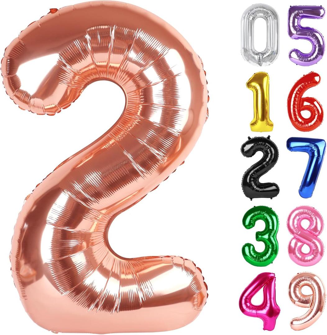 Rose Gold Number 2 Balloon 40 Inch, 2nd Birthday Decoration for Toddlers Girls Boys, Sparkling 2 Number Balloon Party Decor