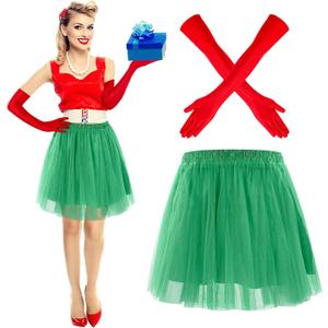 2 Pcs Adult May Cosplay Costume for Women Anime Christmas Red Satin Opera Gloves Green Tutu Skirt for Christmas Cosplay Halloween (XL)