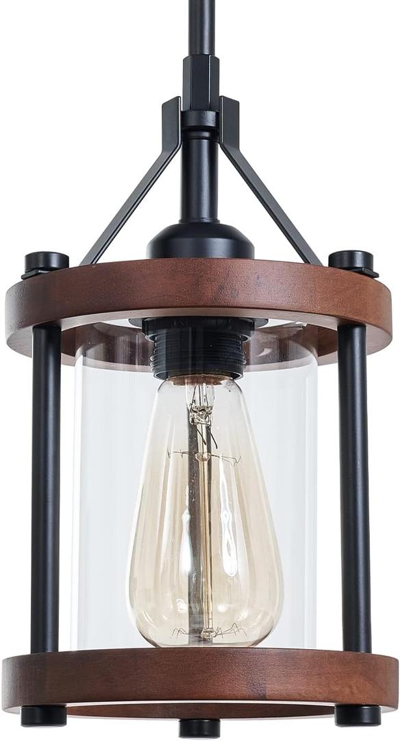 Farmhouse Pendant Light in Wood and Metal Cage, Rustic Brown Wood Pendant Light with Glass, Adjustable Hanging Light Fixtures, Mini Pendant Lighting for Kitchen Island, Hallway, Foyer, 1 Pack