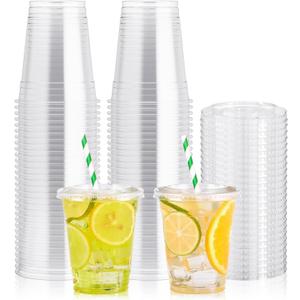[100 Pack] 12 oz Clear Plastic Cups with Flat Slotted Lids, Disposable Drinking Party Cups for Iced Cold Drinks Coffee Tea Smoothie Bubble Boba