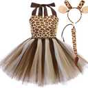 Girls Jungle Themed Dress Animal Tutu Dress Christmas Birthday Party Outfit 3pcs with Ears Headband Tail Accessories Baby Girl Giraffe 3-4 Years