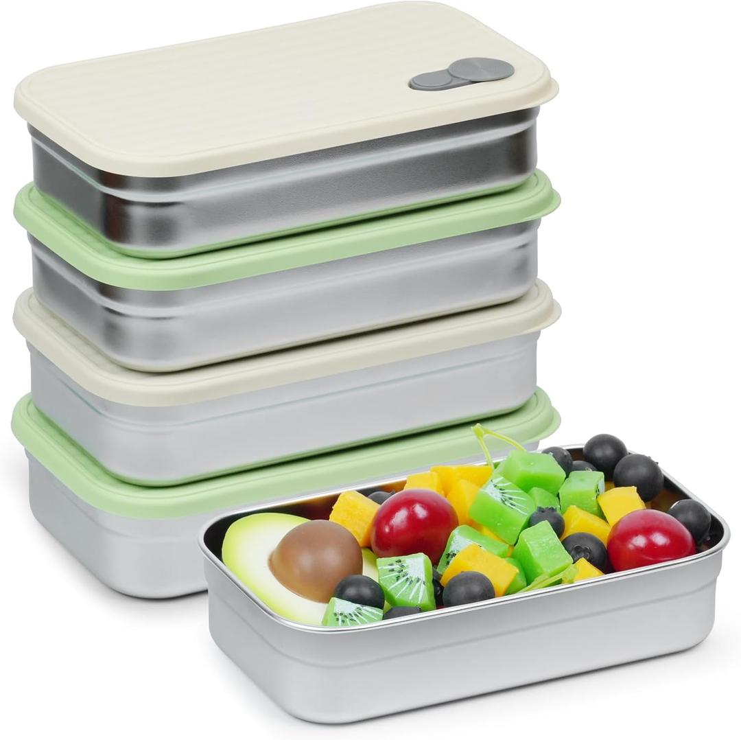 4 Pack Stainless Steel Snack Containers, 22oz Reusable Food Storage Containers with Lids, Metal Meal Prep Lunch Box, Dishwasher Safe, Snack Box Container for Trave & Outdoor Camping (White, Green)
