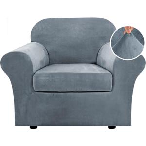 H.VERSAILTEX Rich Velvet Stretch 2 Piece Cover Chair Slipcover Sofa Cover Furniture Protector Couch Soft with Elastic Bottom Chair Couch Cover with Arms Width Up to 49 Inch(Chair, Stone Blue)