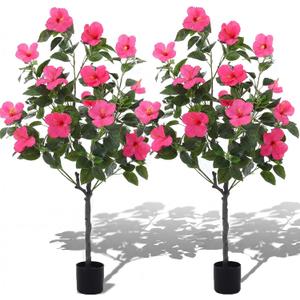 Giegxin 2 Pack 4 ft Artificial Hibiscus Tree Fake with 14 Flowers Hibiscus Tree with Base Silk Faux Flowers Realistic Plant for Front Porch Patio Office Indoor Outdoor Wedding Decor(Rose Red)