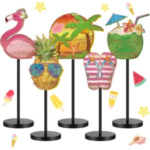 Yousoontic 5 Pcs Summer Wooden Tabletop Decor Freestanding Wood Table Sign Summer Decorations for Home Rustic Tabletop Centerpiece Standing Block Decorations for Farmhouse Office (Beach)