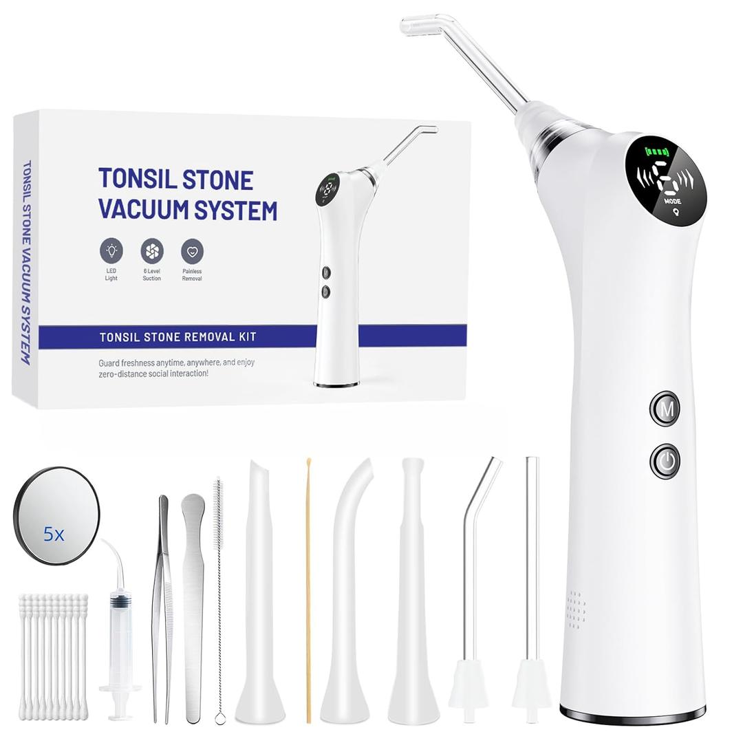 Upgraded Electric Tonsil Stone Remover  High-Precision & Painless Cleaning, Food-Grade Material, 6 Suction Levels | Tonsil Stone Removal Kit with LED Light, Oral Protection & 11 Attachments (Silver)