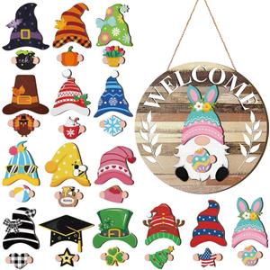 Qunclay Interchangeable Wooden Gnome Decor Holiday Seasonal Gnome Decorations with Magnet Pieces and Detachable Hats Changeable Welcome Sign for Home (Farmouse)