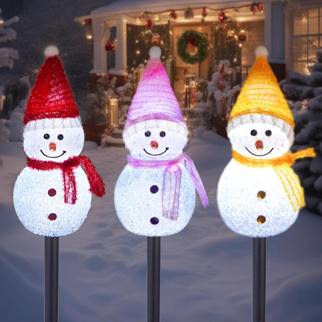Solar Christmas Pathway Lights Outdoor Decor, Set of 3 Led Snowman Stake Lights, Waterproof Walkway Landscape Light for Winter Yard, Garden, Solar Christmas Decorations