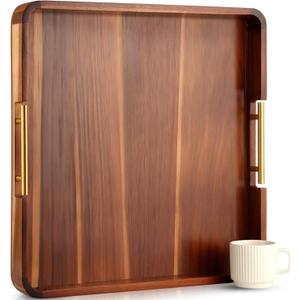 Large Square Ottoman Tray Wood Decorative Tray for Coffee Table Living Room Acacia Serving Trays with Gold Handles, 20" x 20" x 2"