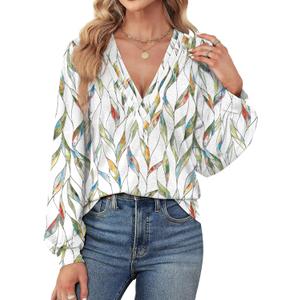 Agnes Urban Womens V Neck Long Sleeve Tops Dressy Casual Fall Shirts Puff Sleeve Loose Tunic Trendy Tops Blouses