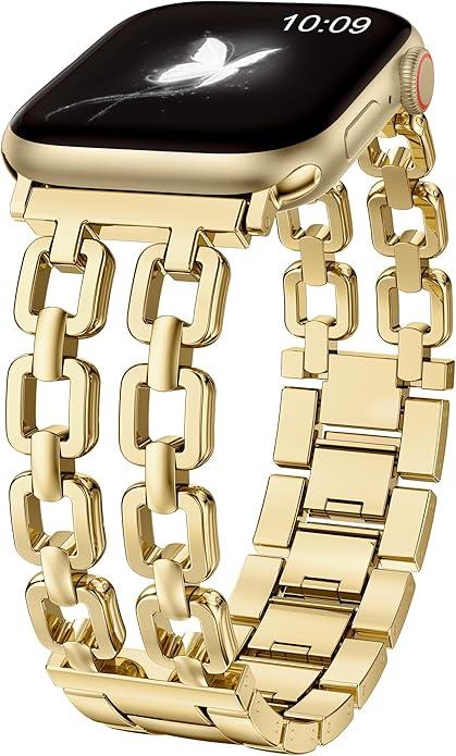 Wearlizer Compatible with Apple Watch Bands 41/40/38/44/45/46/49/42mm Women, Dressy Fancy Metal Chain Pretty Strap Designer Gold Silver Bracelet for iWatch Series