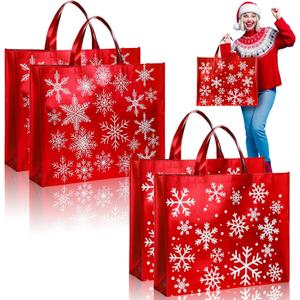 PerKoop 4 Pcs Extra Large Christmas Iridescent Gift Bags 20 x 16 Inch Holographic Snowflake Tote Bags with Handles Reusable Jumbo Frozen Gifts for Holidays Xmas Wrapping Party Favor Supplies (Chic)