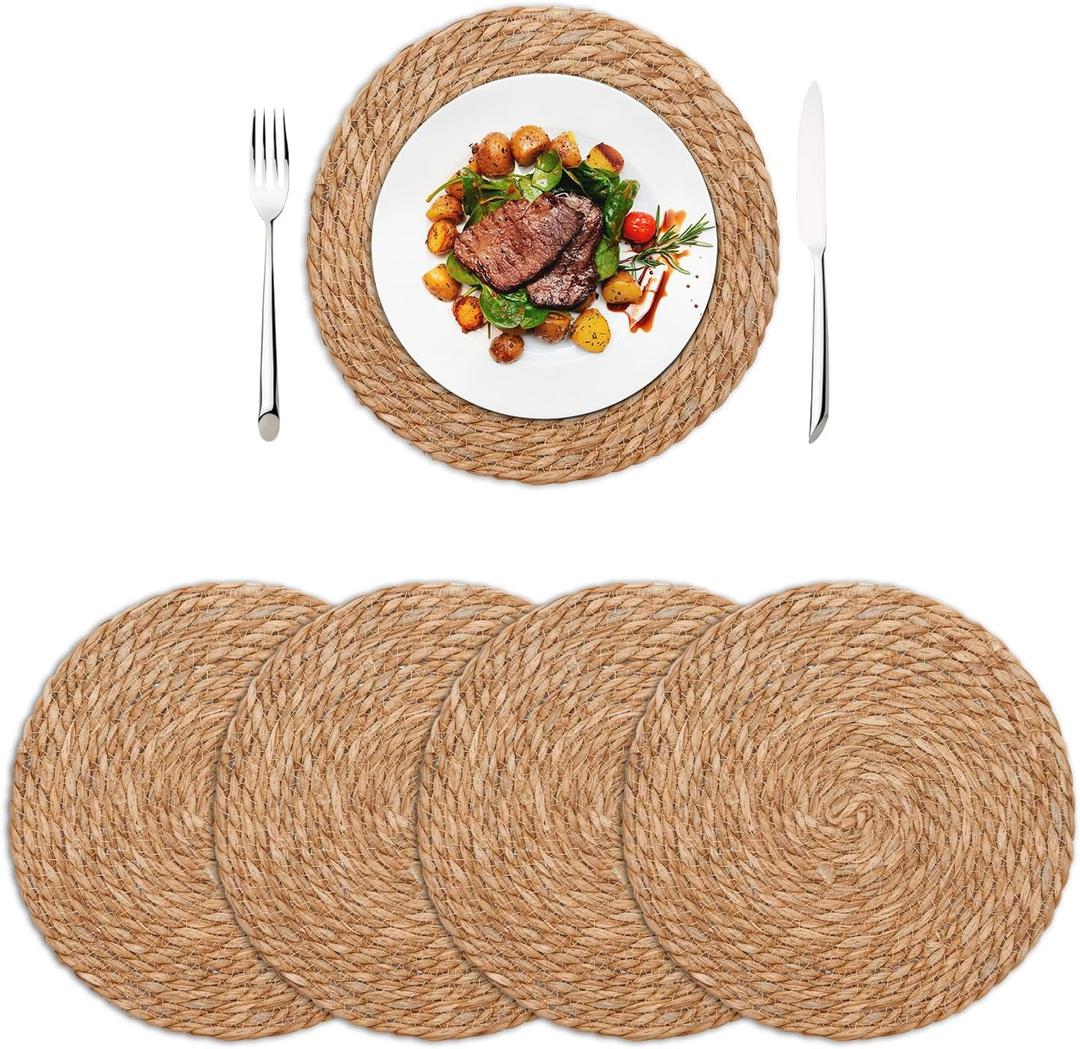 Round Woven Placemats Set of 4, 13.7 Inch Boho Farmhouse Rattan Placemats Rustic Braided Wicker Table Place Mats Chargers for Dinner Plates