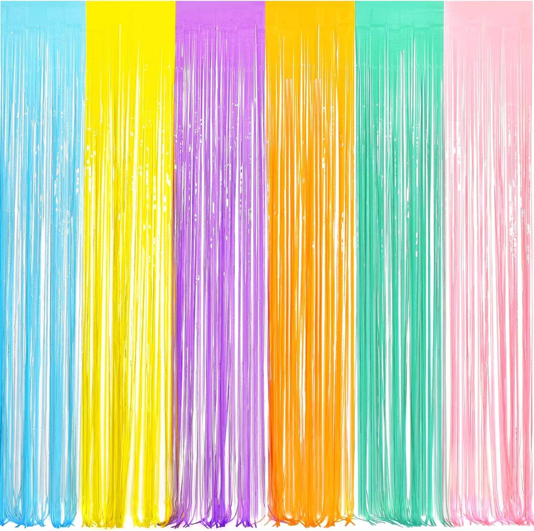 BRAVESHINE Tinsel Foil Fringe Curtains - 2Pcs 3.2x8.2ft Pastel Colourful Photo Backdrop for Sweet Birthdays Easter Bunny Bridal Shower Fairy Kids Candy Donut Party Decorations (Colorful)