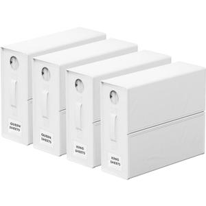 4-Pack Bed Sheet Organizer and Storage Box, Folding Container for Bedding Essentials, Stylish Linen Closet Organizer for Sheets, Duvet Covers, and Pillows (White, Circle Window Design)