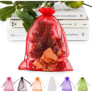 ANZNKU 50 Pack Red Organza Bags 6x9 inches Mesh Bags Drawstring, Sheer Mesh Bag Drawstring, Gift Bag for Easter Gift Party, Wedding Mesh Festival Makeup Favor Pouch