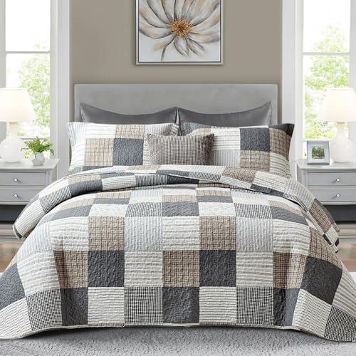 Finlonte Quilt Set Queen Size - 100% Cotton Queen Comforter Set, Plaid Quilted Bedspread Farmhouse Country Bed Spread, Lightweight Reversible Quilt Bedding Set All-Season, Gray/Brown/Black/White, 3Pcs