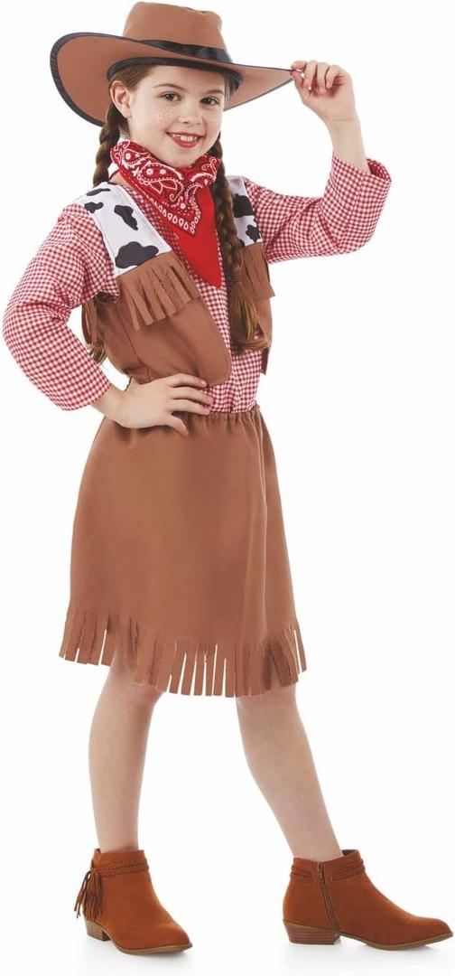 fun shack Cowgirl Outfit Kids Costume, Girls Cowgirl Dress for Parties, Western Themed Dress Up for Children (X-Large, Brown)