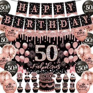 47PCS 50th Birthday Decorations for Women, Happy Birthday Banner With Balloons,Backdrop, Cake,Cupcake Toppers.Black Rose Gold 50th Birthday Party Decorations for Women.