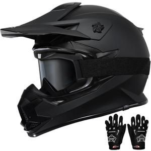 TRIANGLE Adult Dirt Bike Helmet Full Face Motorcycle Helmets with Adjustable Goggles & Gloves - DOT/FMVSS-218 Certified Motocross Helmet for Off-Road ATV BMX UTV (Matte Black)