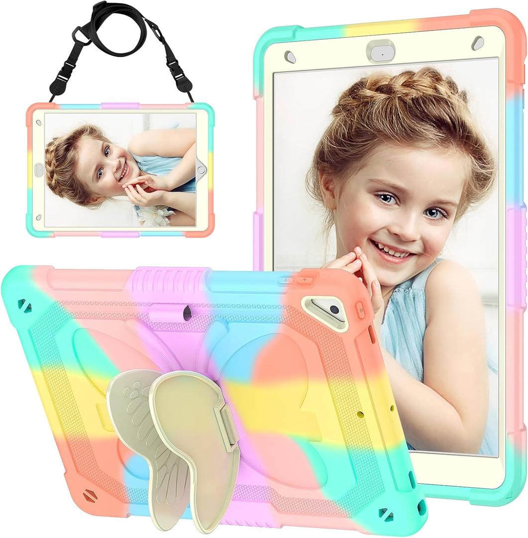 HOGENL for iPad 9th 8th 7th Generation Case for Kids Girl with Pencil Holder, for iPad 10.2 Case with Butterfly Stand Shoulder Strap Shockproof Protective Cover, Multicolor (Colorful)