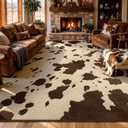 YIHOUSE Cowhide Large Area Rugs 8×10 Ft, Washable Plush Soft Brown and Cream Cow Rug, Non-Slip High-Low Pile Animal Carpet for Living Room, Bedroom, Dining Room, Western Home Decor