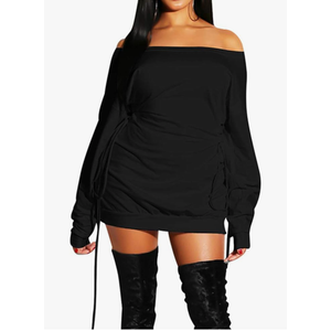 GOKATOSAU Women's Sexy Casual Off Shoulder Long Sleeve Lace Up Loose Club Mini Dress XL
