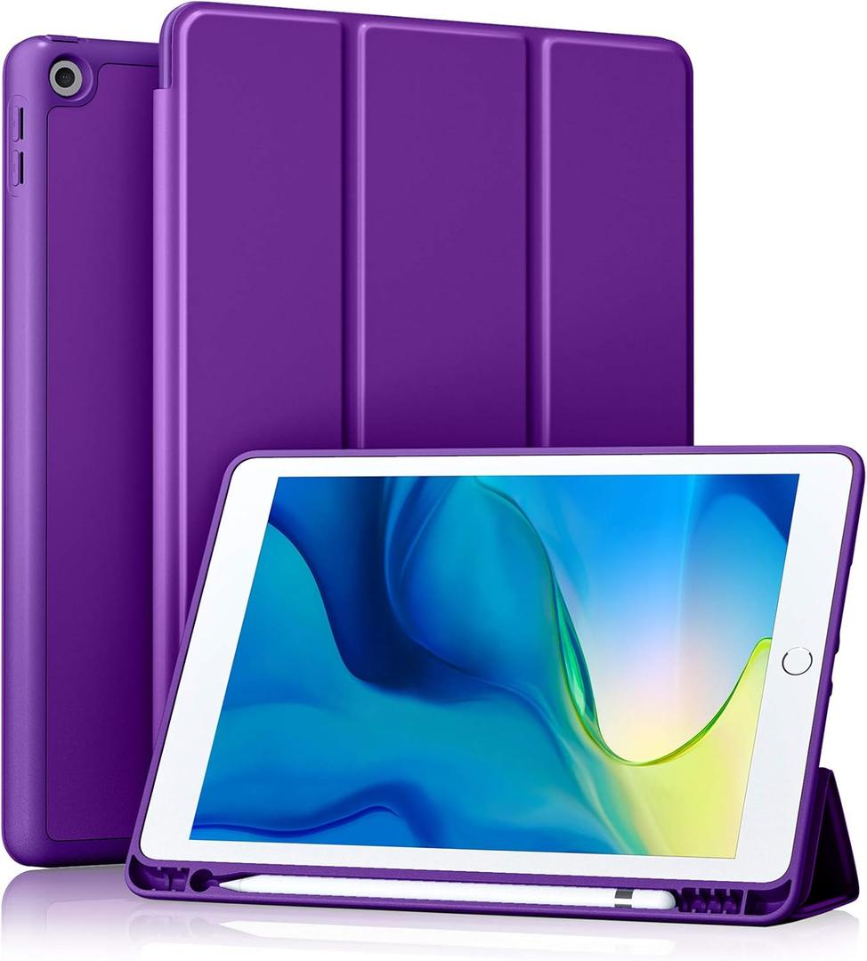 Akkerds Case Compatible with iPad 10.2 Inch 2021/2020/2019, for iPad 9th/8th/7th Generation Case with Pencil Holder, Protective with Soft TPU Back, Auto Sleep/Wake Cover, Purple