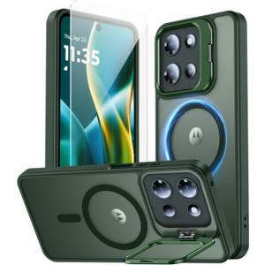 for Motorola Moto G 2025 Case, Fits MagSafe, with Built-in Camera Ring Stand & Sceen Protector, Slim Translucent Matte Military-Grade Drop Protection Magnetic Cover, Green