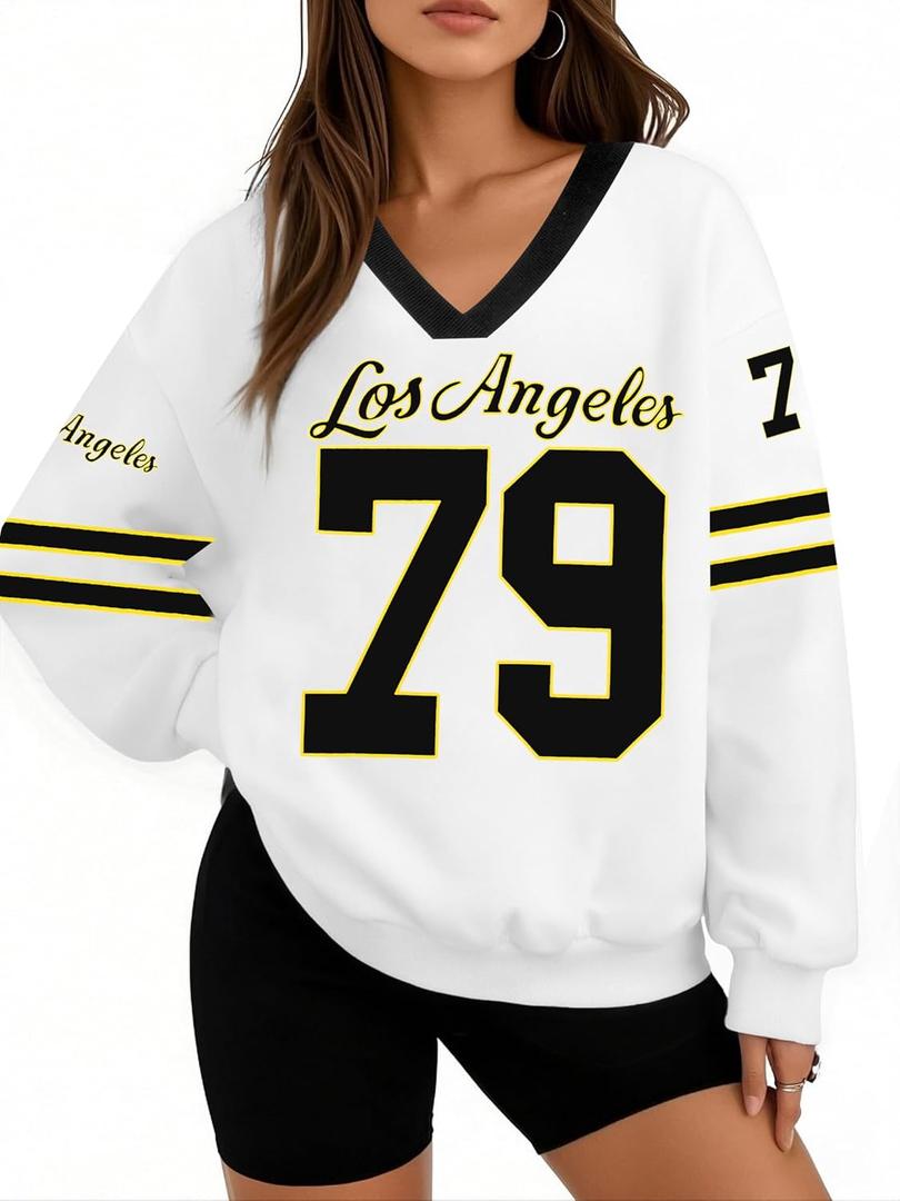 LUKYCILD Women Oversized Jersey Shirt V Neck Sweatshirt Number Graphic Pullover Y2k Streetswear Graphic Long Sleeve Tops (X-Large, White)